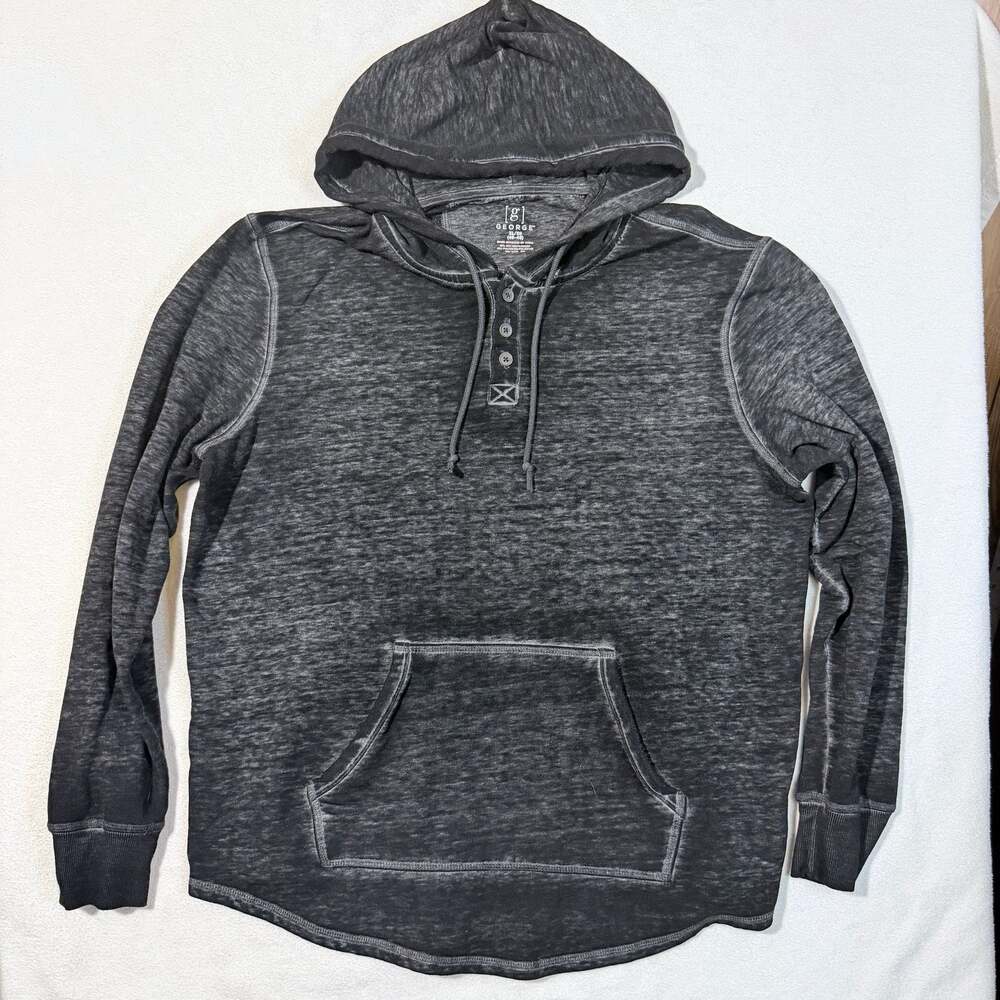 George Men's Acid Wash Henley Hoodie Pullover Lightweight Charcoal Gray XL